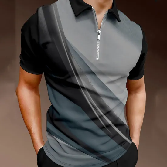 Discount OUKU Men's Geometric Zip Polo Shirts Golf Shirt Short Sleeve Polo Shirts Collared Shirts Business Casual Vacation Wear Formal Wear Festival Wear 3D Print Quarter Zip Polo Black / Gray Blue Purple