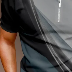 Discount OUKU Men's Geometric Zip Polo Shirts Golf Shirt Short Sleeve Polo Shirts Collared Shirts Business Casual Vacation Wear Formal Wear Festival Wear 3D Print Quarter Zip Polo Black / Gray Blue Purple