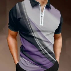 Discount OUKU Men's Geometric Zip Polo Shirts Golf Shirt Short Sleeve Polo Shirts Collared Shirts Business Casual Vacation Wear Formal Wear Festival Wear 3D Print Quarter Zip Polo Black / Gray Blue Purple