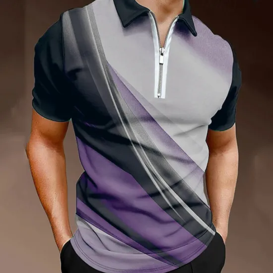 Discount OUKU Men's Geometric Zip Polo Shirts Golf Shirt Short Sleeve Polo Shirts Collared Shirts Business Casual Vacation Wear Formal Wear Festival Wear 3D Print Quarter Zip Polo Black / Gray Blue Purple
