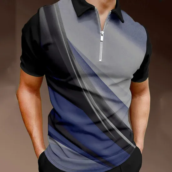 Discount OUKU Men's Geometric Zip Polo Shirts Golf Shirt Short Sleeve Polo Shirts Collared Shirts Business Casual Vacation Wear Formal Wear Festival Wear 3D Print Quarter Zip Polo Black / Gray Blue Purple