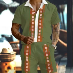 New OUKU Men's Geometry Ethnic 2pcs Shirts Sets Summer Hawaiian Shirt Short Sleeve Short Pants Turndown Vacation Hawaiian Outdoor Holiday Buttons Pocket Print Summer All Seasons White Green