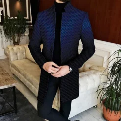 New OUKU Men's Geometry Gradual Winter Coat Overcoat Coat Warm Breathable Comfortable Business Casual Work Wear to work Going out Pocket Print Fall & Winter Stand Collar Long Sleeve Navy Blue Blue Gray