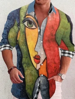 Hot OUKU Men's Geometry Parrot Shirt Summer Hawaiian Shirt Aloha Shirt Long Sleeve Shirt Stand Collar Fashion Streetwear Designer Outdoor Street Casual Blue-Green Black Yellow S M L