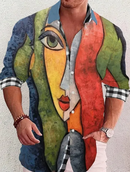 Hot OUKU Men's Geometry Parrot Shirt Summer Hawaiian Shirt Aloha Shirt Long Sleeve Shirt Stand Collar Fashion Streetwear Designer Outdoor Street Casual Blue-Green Black Yellow S M L