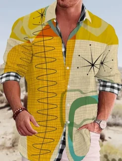 Hot OUKU Men's Geometry Parrot Shirt Summer Hawaiian Shirt Aloha Shirt Long Sleeve Shirt Stand Collar Fashion Streetwear Designer Outdoor Street Casual Blue-Green Black Yellow S M L