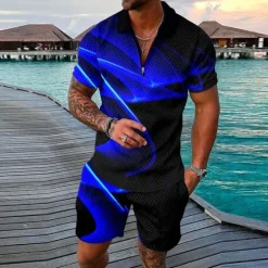 Sale OUKU Men's Geometry Polo Shirt Golf Shirt Polo Set Short Sleeve Shirt Turndown Street Casual Black Yellow Blue Light Blue Zipper 2 Piece Clothing Apparel Fashion Designer Casual Breathable
