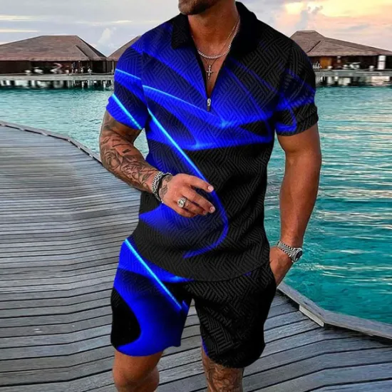 Sale OUKU Men's Geometry Polo Shirt Golf Shirt Polo Set Short Sleeve Shirt Turndown Street Casual Black Yellow Blue Light Blue Zipper 2 Piece Clothing Apparel Fashion Designer Casual Breathable