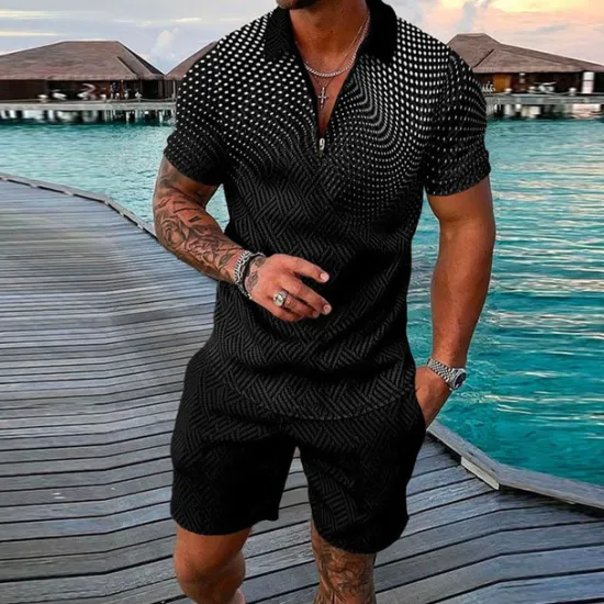 Sale OUKU Men's Geometry Polo Shirt Golf Shirt Polo Set Short Sleeve Shirt Turndown Street Casual Black Yellow Blue Light Blue Zipper 2 Piece Clothing Apparel Fashion Designer Casual Breathable