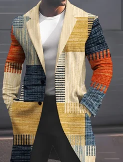 Discount OUKU Men's Geometry Stripes and Plaid Winter Coat Overcoat Coat Warm Breathable Comfortable Business Casual Work Wear to work Going out Pocket Print Fall & Winter Turndown Long Sleeve Yellow Gray
