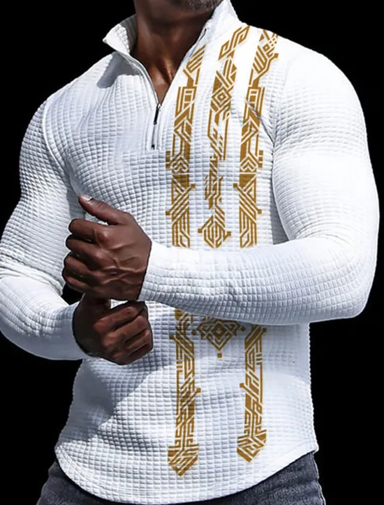 New OUKU Men's Geometry Waffle Polo Shirts Zip Polo Golf Polos Shirts Long Sleeve Polo Shirts Zip Casual Daily 3D Print Fall & Winter Light Yellow Black Yellow