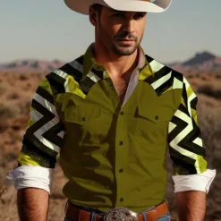 Sale OUKU Men's Geometry Western Shirt Button Up Shirt Cowboy Shirt Long Sleeve Vintage Western Daily Wear Weekend Spring Fall Winter Turndown Collared Shirts 3D Print Front Pocket White Blue Brown Green