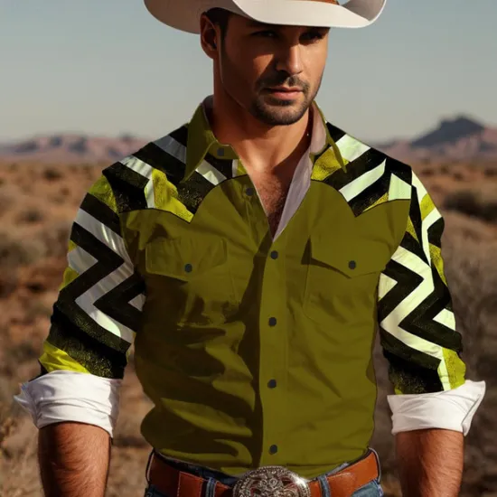 Sale OUKU Men's Geometry Western Shirt Button Up Shirt Cowboy Shirt Long Sleeve Vintage Western Daily Wear Weekend Spring Fall Winter Turndown Collared Shirts 3D Print Front Pocket White Blue Brown Green