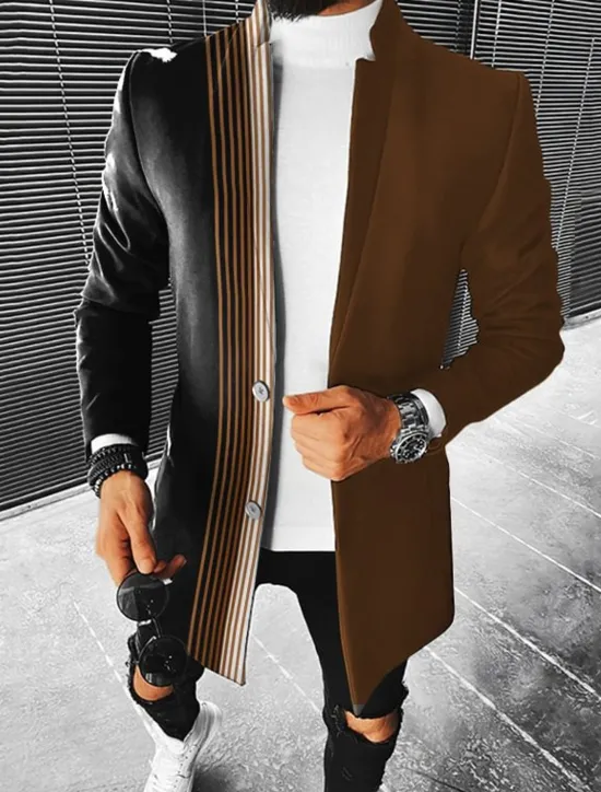 Online OUKU Men's Geometry Winter Coat Overcoat Coat Warm Breathable Comfortable Fashion Streetwear Business Work Wear to work Going out Pocket Print Fall & Winter Turndown Long Sleeve Brown khaki Gray