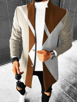 Online OUKU Men's Geometry Winter Coat Overcoat Coat Warm Breathable Comfortable Fashion Streetwear Business Work Wear to work Going out Pocket Print Fall & Winter Turndown Long Sleeve Brown khaki Gray