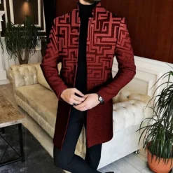 Best OUKU Men's Geometry Winter Coat Overcoat Coat Warm Breathable Comfortable Business Casual Work Wear to work Going out Pocket Print Fall & Winter Stand Collar Long Sleeve Yellow Red Blue