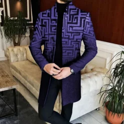 Best OUKU Men's Geometry Winter Coat Overcoat Coat Warm Breathable Comfortable Business Casual Work Wear to work Going out Pocket Print Fall & Winter Stand Collar Long Sleeve Yellow Red Blue