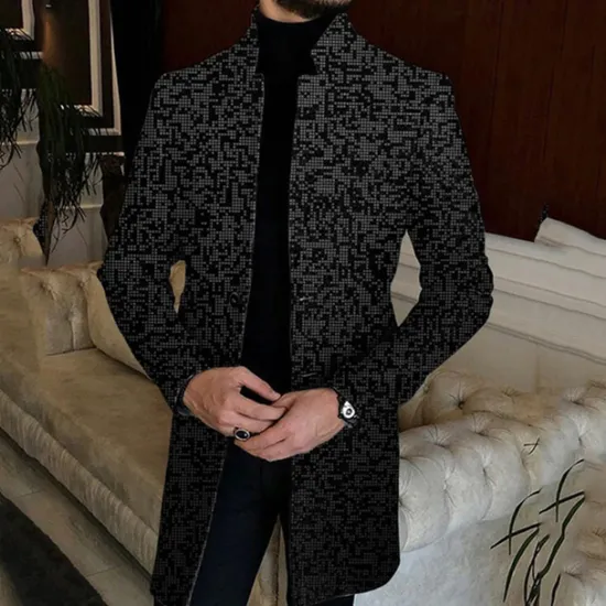 New OUKU Men's Geometry Winter Coat Overcoat Coat Warm Breathable Comfortable Vintage Business Work Wear to work Going out Buttons Print Fall & Winter Standing Collar Long Sleeve Black Gray
