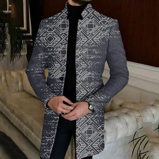 New OUKU Men's Geometry Winter Coat Overcoat Coat Warm Breathable Comfortable Vintage Business Work Wear to work Going out Buttons Print Fall & Winter Standing Collar Long Sleeve Black Gray