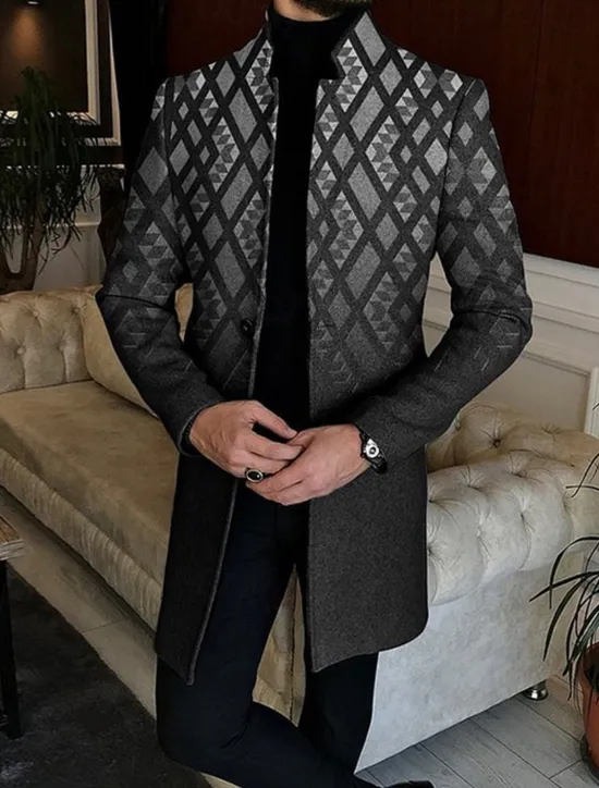 Sale OUKU Men's Geometry Winter Coat Overcoat Coat Warm Breathable Comfortable Business Casual Work Wear to work Going out Pocket Print Fall & Winter Stand Collar Long Sleeve Black Blue Gray