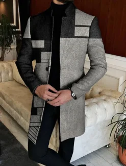 Hot OUKU Men's Geometry Winter Coat Overcoat Coat Warm Breathable Comfortable Business Casual Work Wear to work Going out Pocket Print Fall & Winter Stand Collar Long Sleeve Black Dark Gray Gray