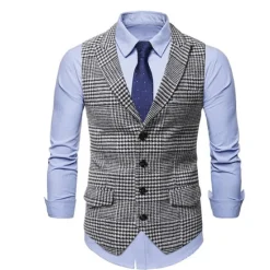 Hot OUKU Men's Gilet Casual Daily Traditional Spring Autumn Basic Terylene Casual / Daily Houndstooth Single Breasted Closure collar Form Fit Vest Black