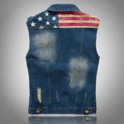 Sale OUKU Men's Gilet Denim Vest Daily Wear Vacation Going out Fashion Basic Spring & Fall Button Pocket Cotton Blend Comfortable National Flag Single Breasted Lapel Regular Fit Vest Blue