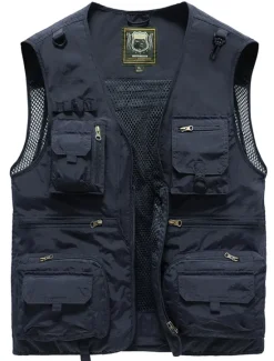 New OUKU Men's Gilet Fishing Vest Hiking Vest Outdoor Street Fishing Racing Sporty Casual Summer Fall Pocket Full Zip Polyester Breathable Solid Color Zipper V Neck Regular Fit Black Army Green Red Navy Blue