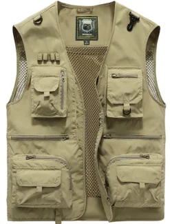 New OUKU Men's Gilet Fishing Vest Hiking Vest Outdoor Street Fishing Racing Sporty Casual Summer Fall Pocket Full Zip Polyester Breathable Solid Color Zipper V Neck Regular Fit Black Army Green Red Navy Blue