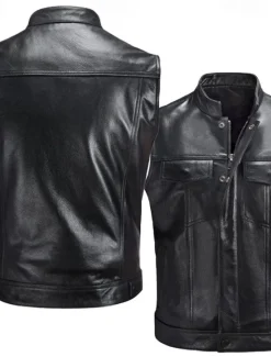 OUKU Men's Gilet Leather Vest Outdoor Daily Wear Vacation Going out Fashion Basic Fall & Winter Zipper Pocket Faux Leather Warm Plain Zipper Standing Collar Regular Fit Vest Black