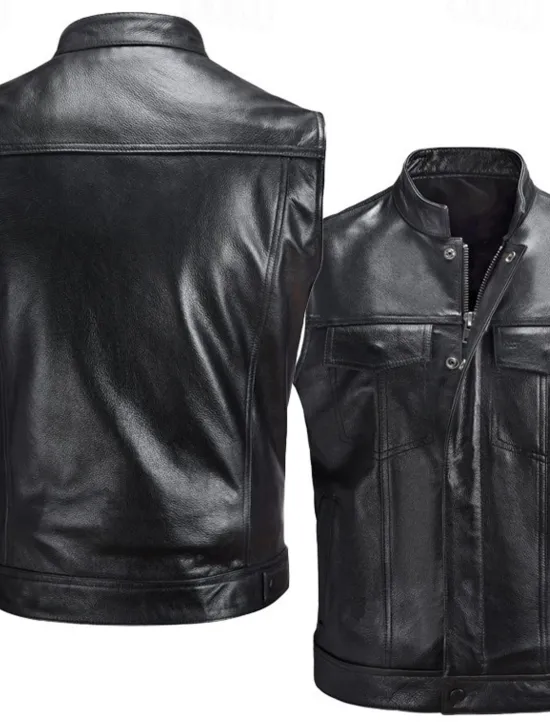 OUKU Men's Gilet Leather Vest Outdoor Daily Wear Vacation Going out Fashion Basic Fall & Winter Zipper Pocket Faux Leather Warm Plain Zipper Standing Collar Regular Fit Vest Black
