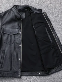 OUKU Men's Gilet Leather Vest Outdoor Daily Wear Vacation Going out Fashion Basic Fall & Winter Zipper Pocket Faux Leather Warm Plain Zipper Standing Collar Regular Fit Vest Black