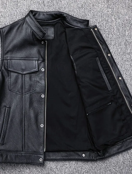 OUKU Men's Gilet Leather Vest Outdoor Daily Wear Vacation Going out Fashion Basic Fall & Winter Zipper Pocket Faux Leather Warm Plain Zipper Standing Collar Regular Fit Vest Black