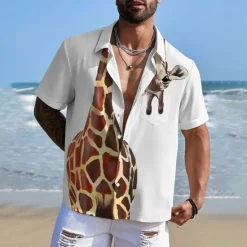 Hot OUKU Men's Giraffe Casual Shirt Button Up Shirt Short Sleeve Ugly Casual Causal Casual Summer Spring Button Up Pocket White