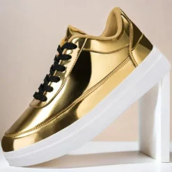 Clearance OUKU Men's Gold Metallic Low-Top Sneakers – Stylish Lace-Up Shoes with White Non-Slip Sole for Casual and Party Wear