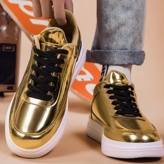 Clearance OUKU Men's Gold Metallic Low-Top Sneakers – Stylish Lace-Up Shoes with White Non-Slip Sole for Casual and Party Wear