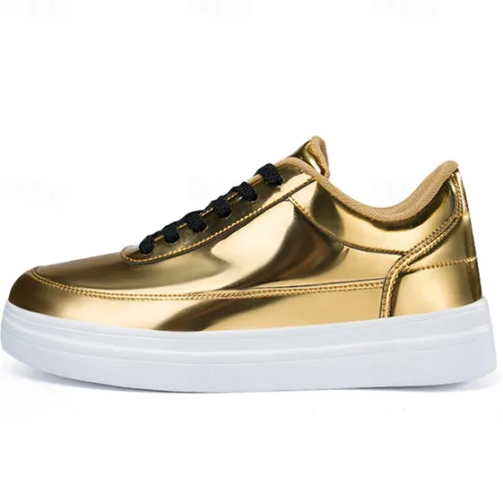 Clearance OUKU Men's Gold Metallic Low-Top Sneakers – Stylish Lace-Up Shoes with White Non-Slip Sole for Casual and Party Wear