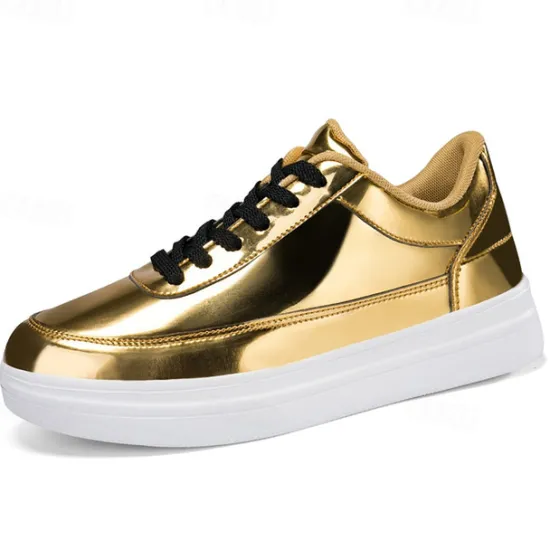 Clearance OUKU Men's Gold Metallic Low-Top Sneakers – Stylish Lace-Up Shoes with White Non-Slip Sole for Casual and Party Wear