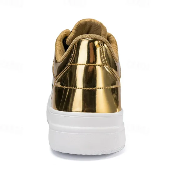 Clearance OUKU Men's Gold Metallic Low-Top Sneakers – Stylish Lace-Up Shoes with White Non-Slip Sole for Casual and Party Wear
