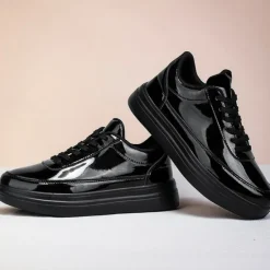 Clearance OUKU Men's Gold Metallic Low-Top Sneakers – Stylish Lace-Up Shoes with White Non-Slip Sole for Casual and Party Wear