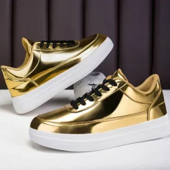 Clearance OUKU Men's Gold Metallic Low-Top Sneakers – Stylish Lace-Up Shoes with White Non-Slip Sole for Casual and Party Wear