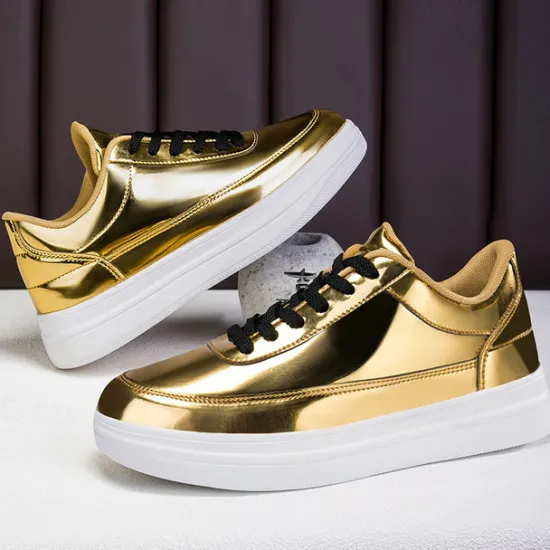 Clearance OUKU Men's Gold Metallic Low-Top Sneakers – Stylish Lace-Up Shoes with White Non-Slip Sole for Casual and Party Wear