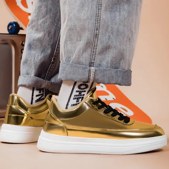 Clearance OUKU Men's Gold Metallic Low-Top Sneakers – Stylish Lace-Up Shoes with White Non-Slip Sole for Casual and Party Wear