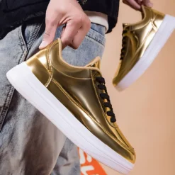 Clearance OUKU Men's Gold Metallic Low-Top Sneakers – Stylish Lace-Up Shoes with White Non-Slip Sole for Casual and Party Wear