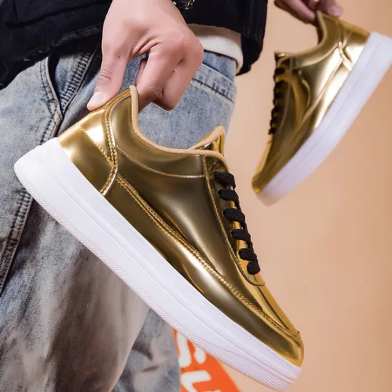 Clearance OUKU Men's Gold Metallic Low-Top Sneakers – Stylish Lace-Up Shoes with White Non-Slip Sole for Casual and Party Wear