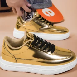 Clearance OUKU Men's Gold Metallic Low-Top Sneakers – Stylish Lace-Up Shoes with White Non-Slip Sole for Casual and Party Wear