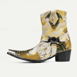 New OUKU Men's Gold Snakeskin Leather Motorcycle Boots – Western Style Pointed Toe Ankle Boots with Buckle Straps and Bold Metallic Accents Yellow