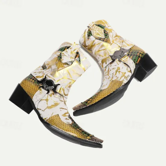 New OUKU Men's Gold Snakeskin Leather Motorcycle Boots – Western Style Pointed Toe Ankle Boots with Buckle Straps and Bold Metallic Accents Yellow