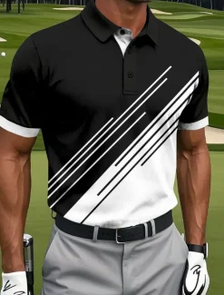 Hot OUKU Men's Golf Line Polo Sports Polo Shirts Short Sleeve Polo Shirts Collared Shirts Casual Athleisure Buttons Summer Black Pink Blue