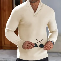 Outlet OUKU Men's Golf Polos Shirts Waffle Knit Polo Shirt Business Casual Ribbed Polo Collar Long Sleeve Fashion Basic Solid Color Knitting Fall Winter Regular Fit Black White Royal Blue Beige Grey Golf Polos